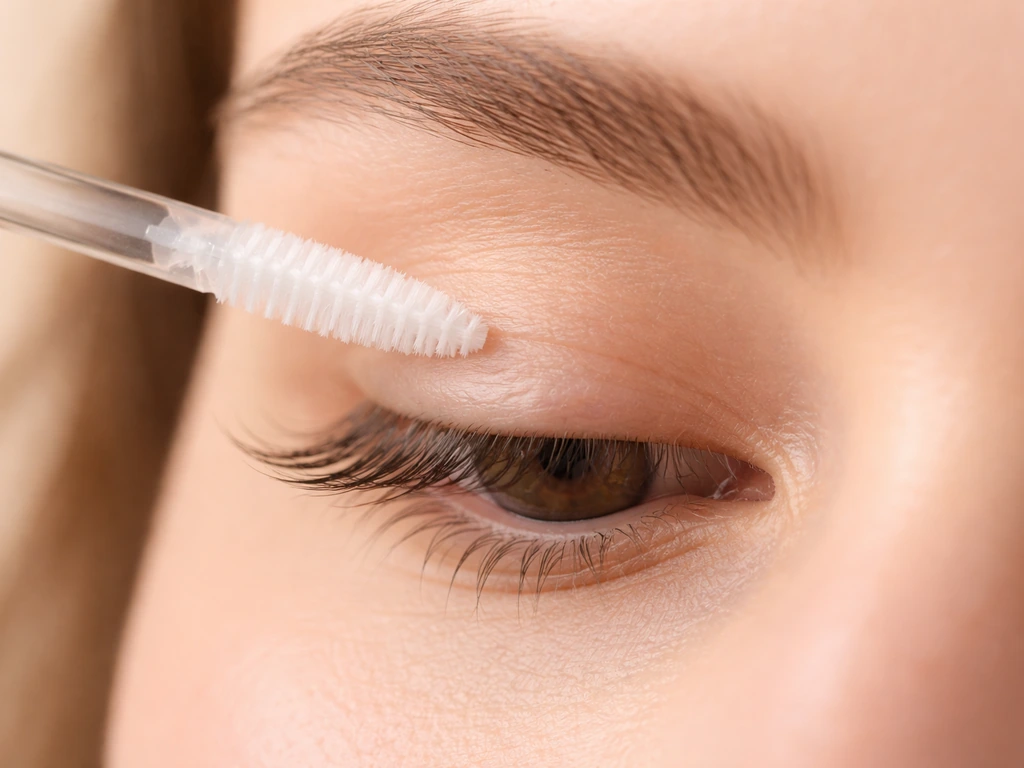Close-up of an eyelash applicator brushing the upper eyelid margin under natural light.