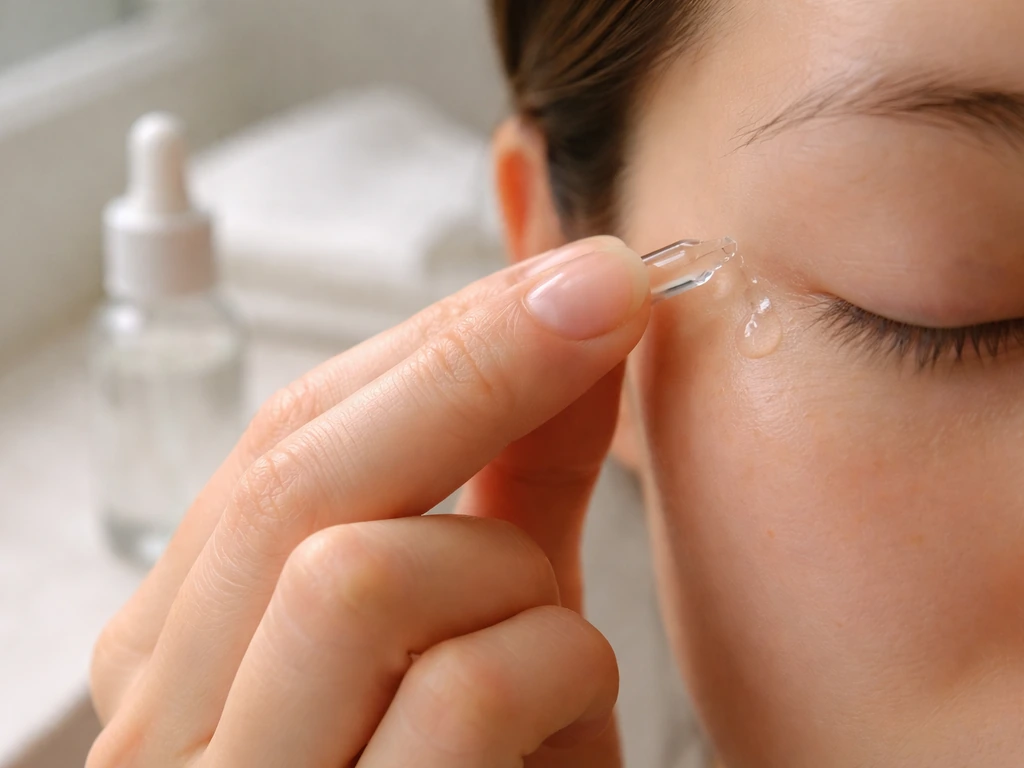 Close-up of an anonymous hand applying a skincare drop near the eye on a clean vanity.
