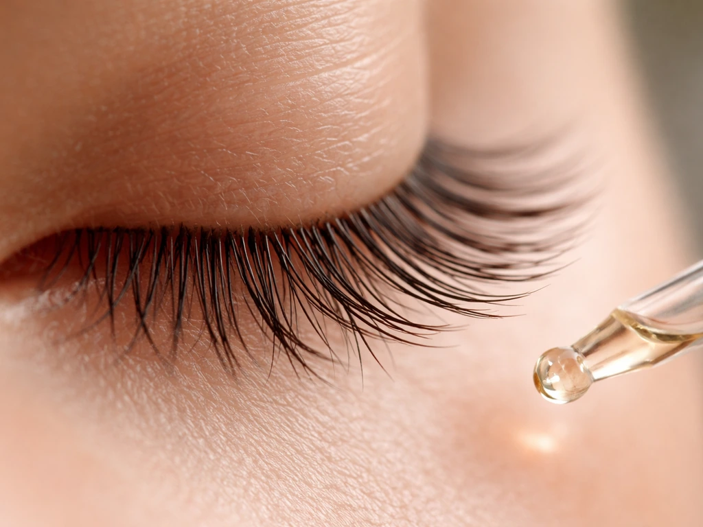 Macro close-up of eyelashes with a small oil dropper nearby on a neutral background.