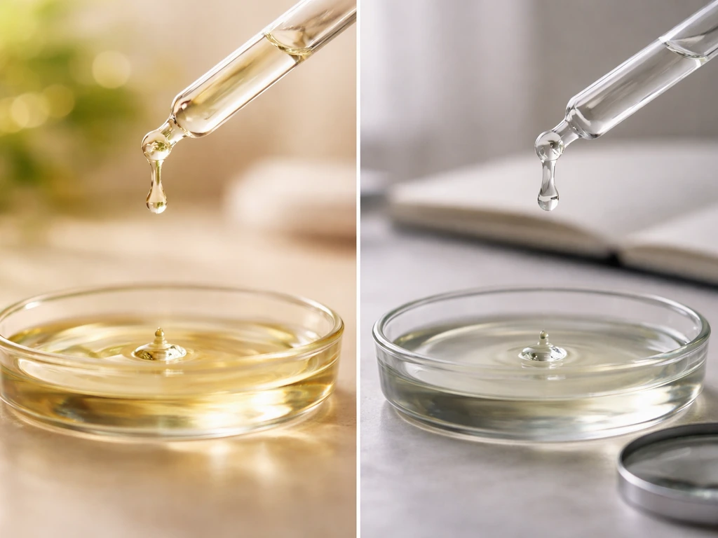 Minimal photo split: grape seed oil droplets beside skincare glass, one side richer antioxidants vibe, other side resear