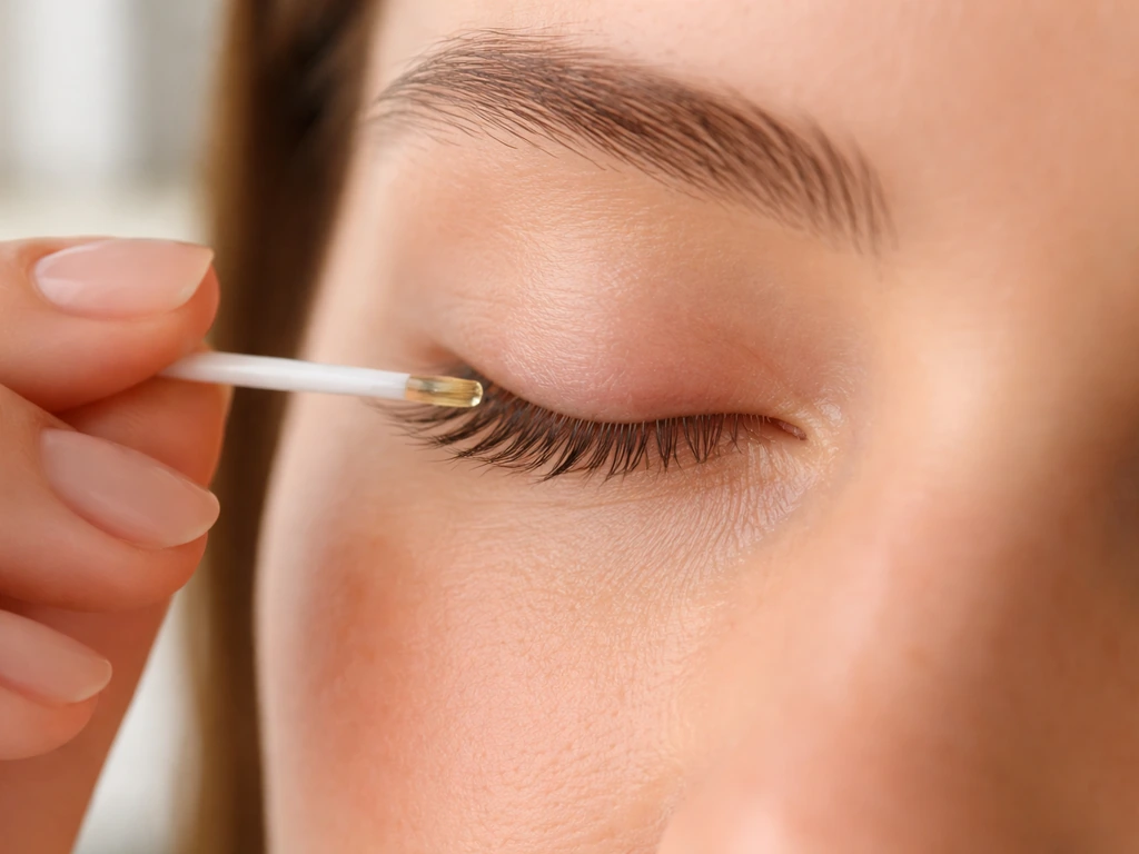 Cotton swab applying a tiny amount of clear oil along a clean lash line on bare eye area