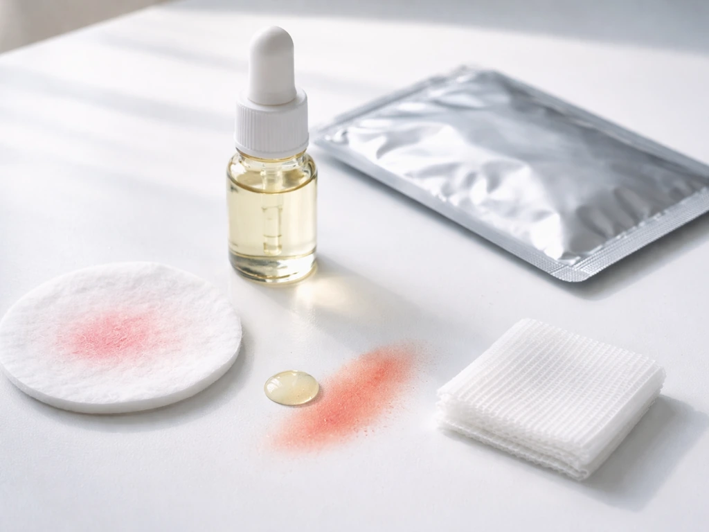 Close-up of sterile eye-area skincare items with cotton pads and an oil droplet suggesting irritation warnings.