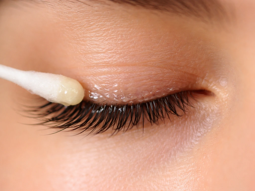 Close-up of upper eyelid lashes with paw paw ointment gently applied along the lash line.