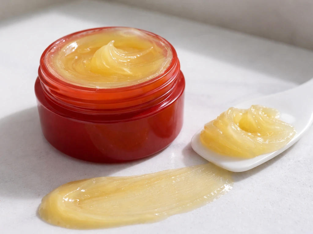 Macro close-up of thick glossy paw paw ointment texture in a small open jar on a clean counter.