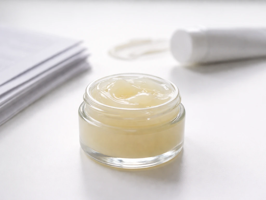 Close-up of a jar of glossy petrolatum beside blank medical pages, suggesting evidence without readable charts