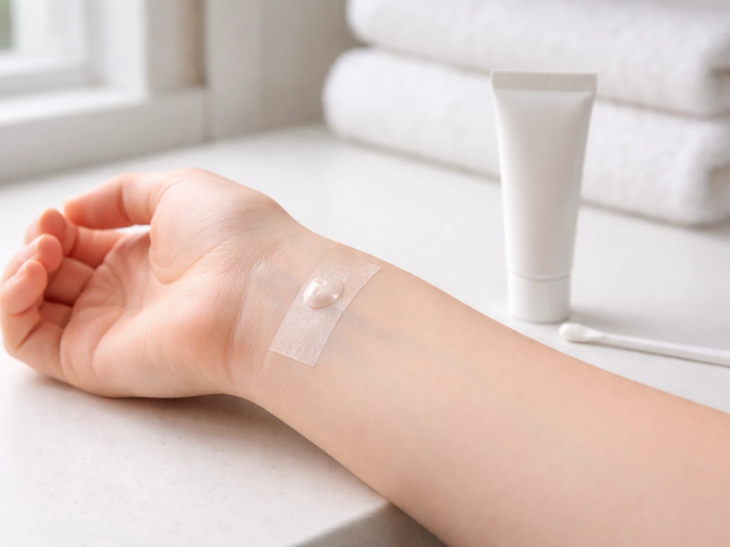 Person’s wrist showing a small patch test while a sealed skincare tube and clean applicator rest nearby.