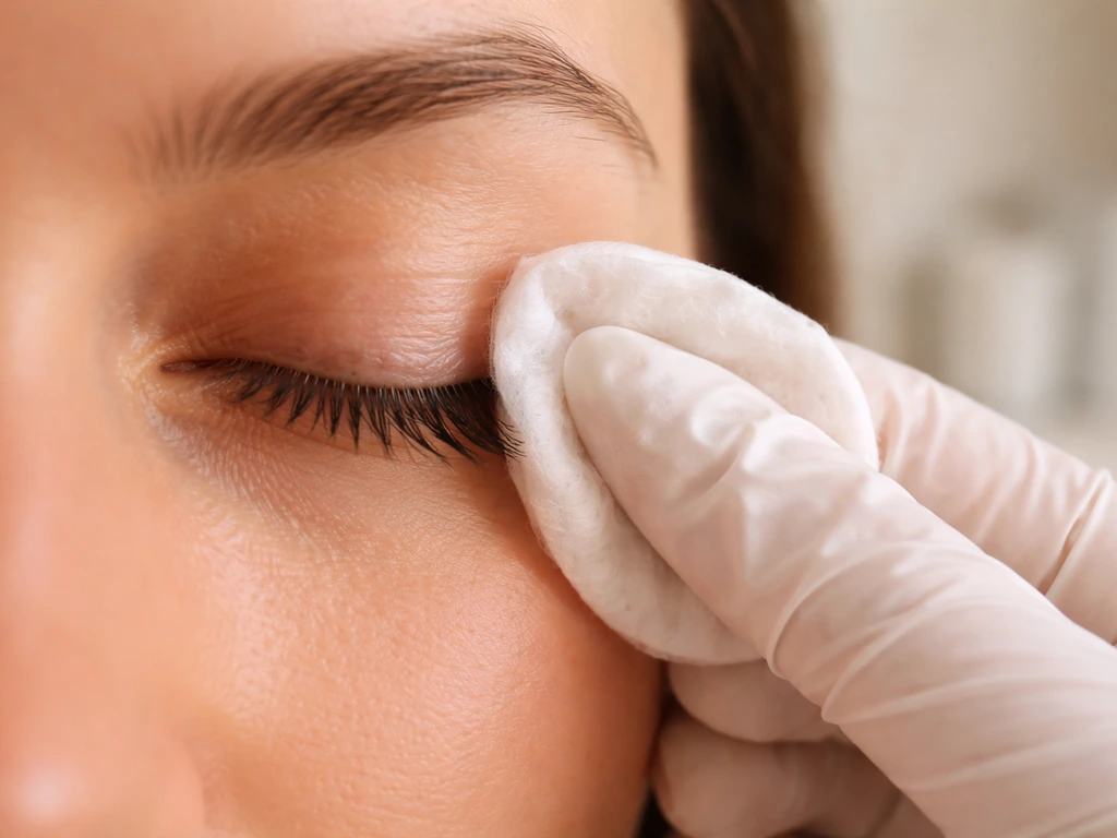 Close-up of an eyelid being gently rubbed with a cotton pad along the lash line, showing friction.