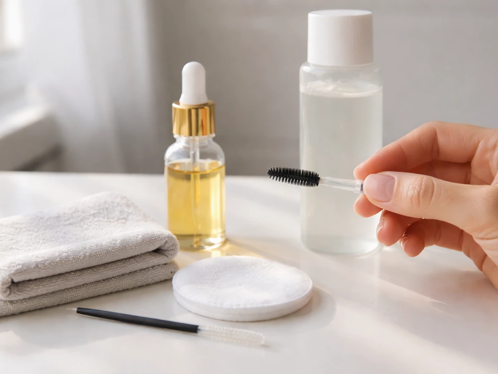 Hand applying castor oil with a spoolie over lashes beside a small lash-care tool assortment.