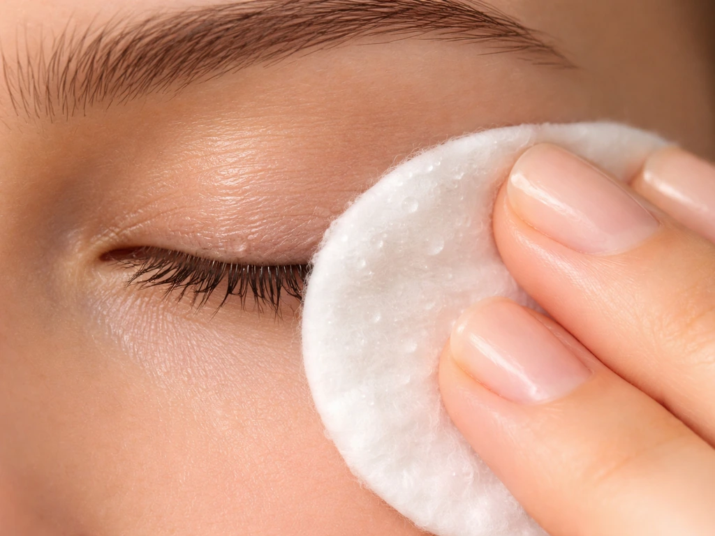 Close-up of a cotton pad with micellar water gently held to the lash line to remove eye makeup.