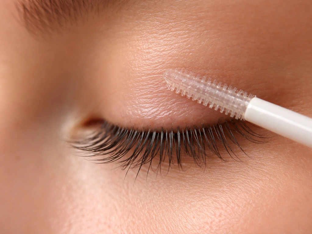 Macro close-up of eyelashes with a wand applying a thin lash primer coat for subtle conditioning.