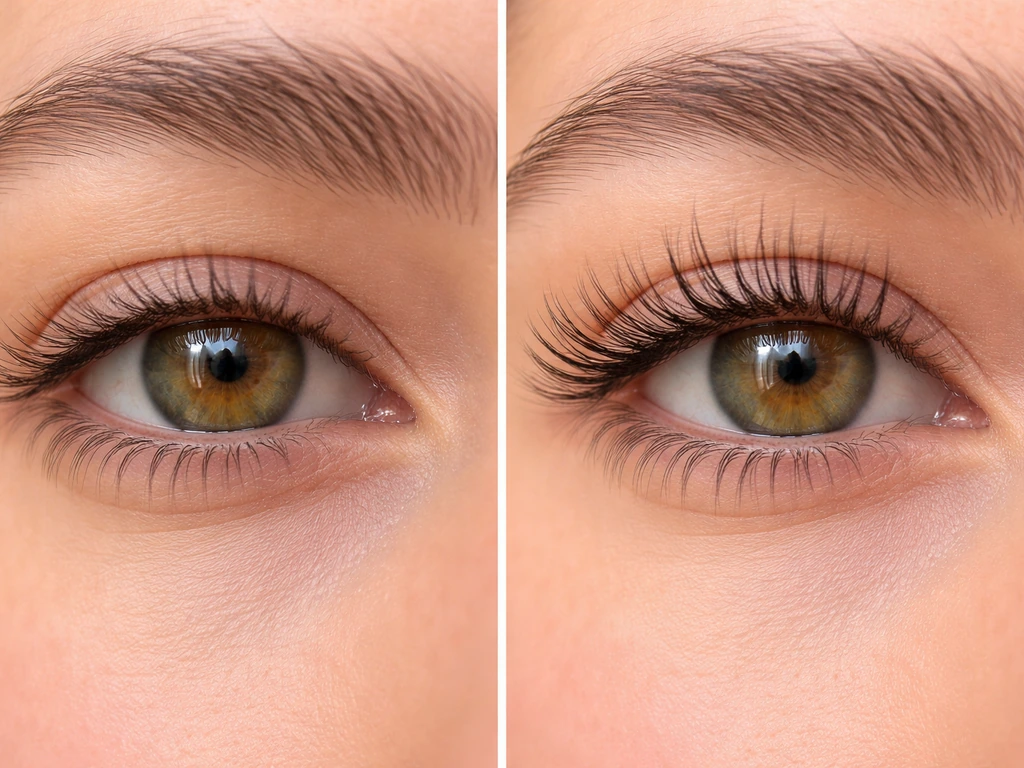 Close-up comparison: lashes with lash primer look thicker than untreated lashes, same angle and lighting.