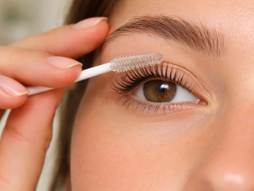 Hand using a clean spoolie wand to apply clear lash primer to clean, dry lashes.