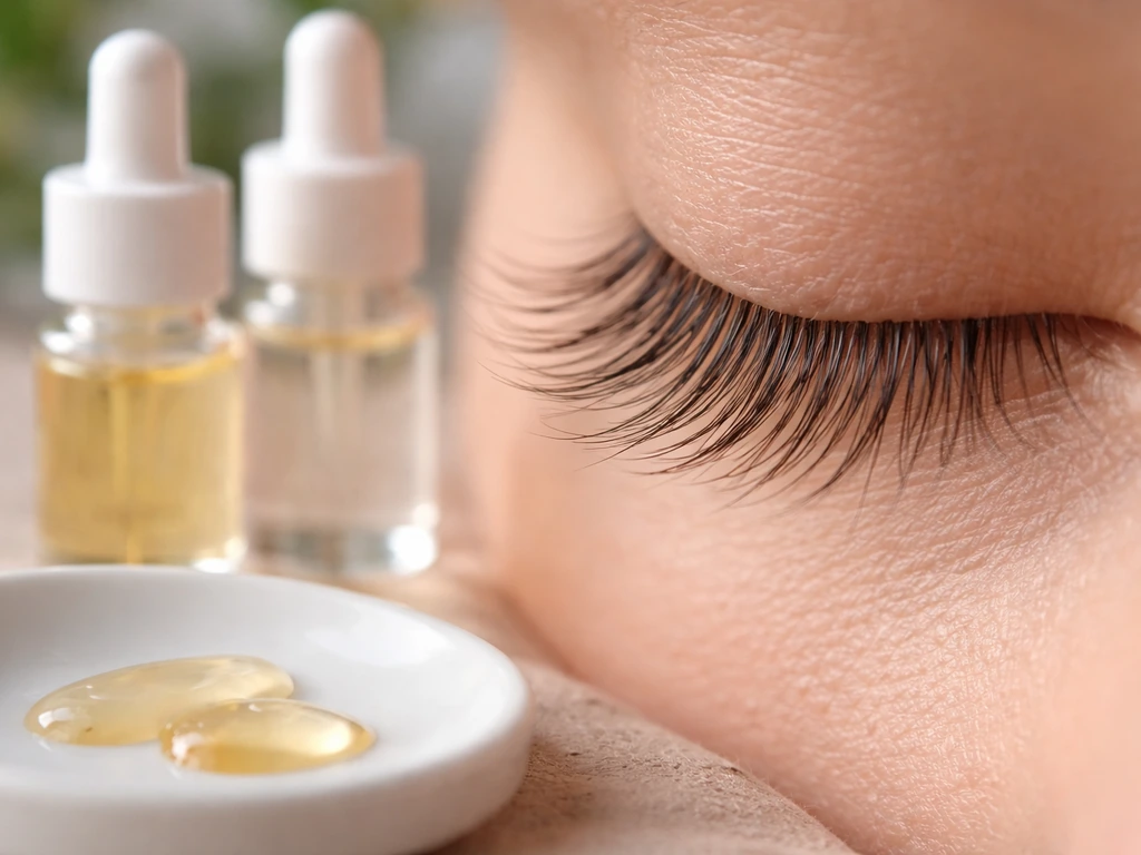 Macro close-up of natural upper lashes with a few blank dropper bottles and oil drops in soft light.