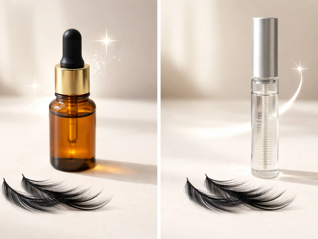 Minimal split-screen of eyelashes cosmetics: prostaglandin-like drop vs conditioning serum bottle, softly lit.