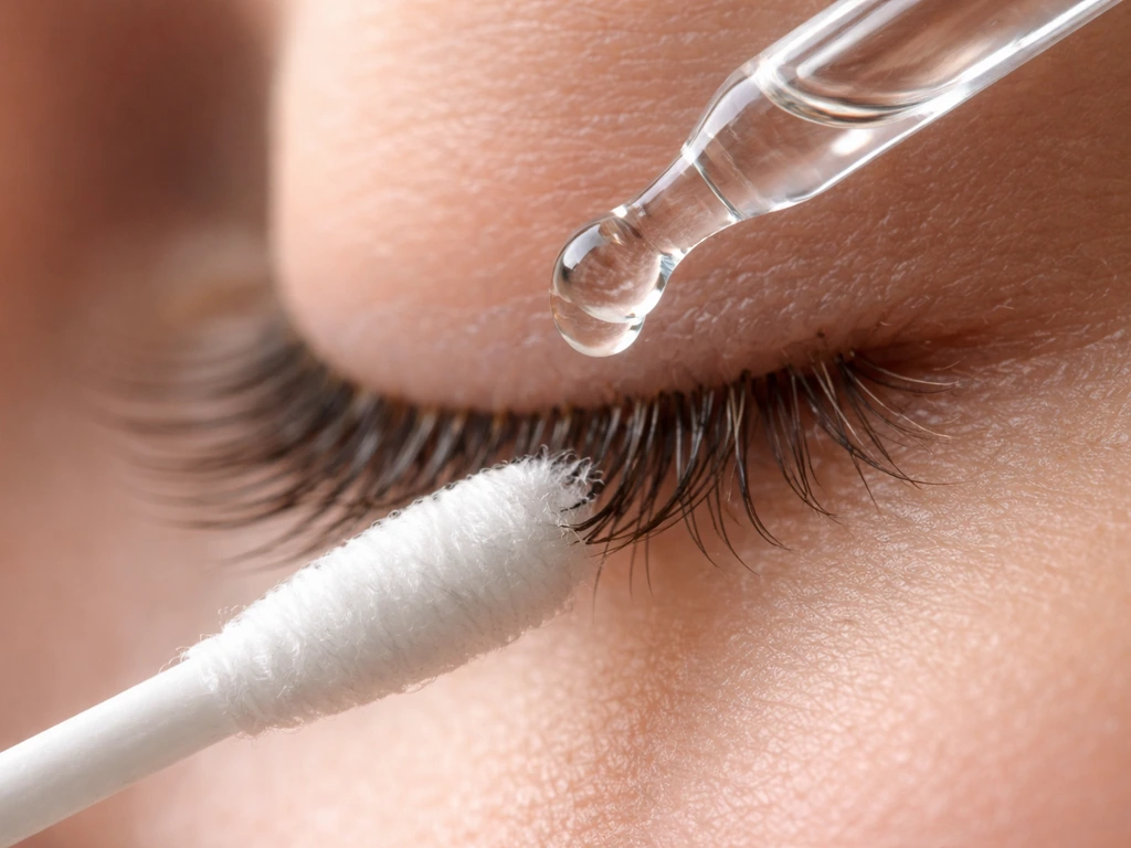 Macro view of a clear panthenol-like serum dropper applying conditioning to a lash line swab