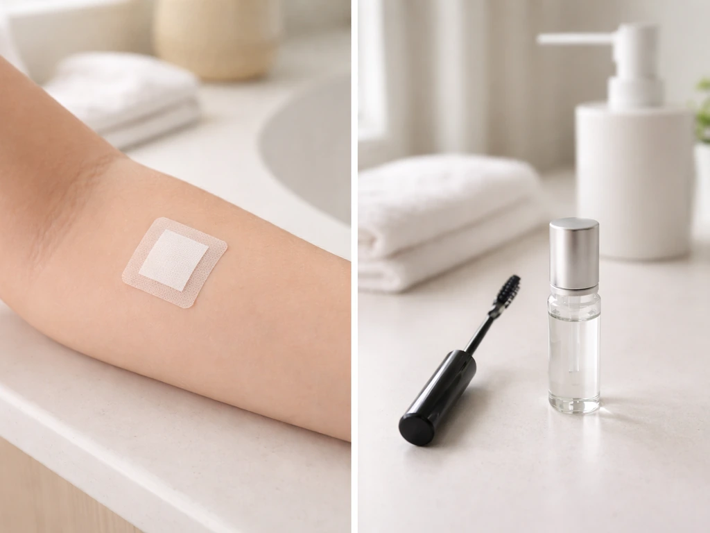 Person’s inner forearm with small patch test area, plus close-up of lash applicator and serum bottle away from eyes