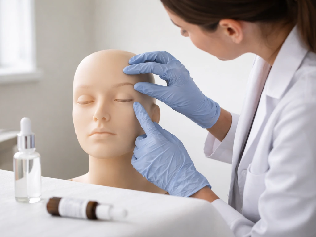 Clinician examining an eyelid model during a medical exam, with unlabeled serum and dropper nearby.