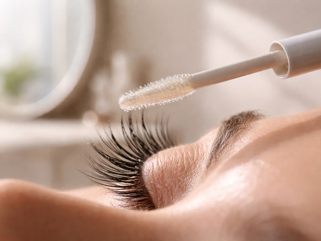 Close-up of a lash conditioner wand brushing lashes with a soft vanity background.