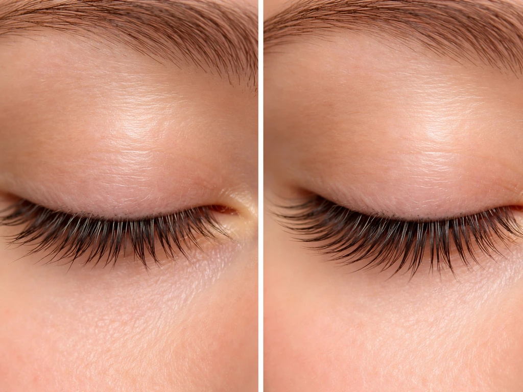 Before/after close-up of eyelashes showing breakage on the left and healthier, less-fragmented lashes on the right.
