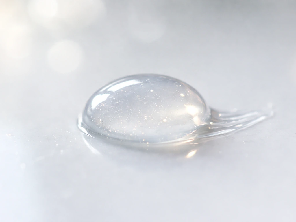 Macro close-up of clear lash serum gel texture on glass with soft natural light reflections.