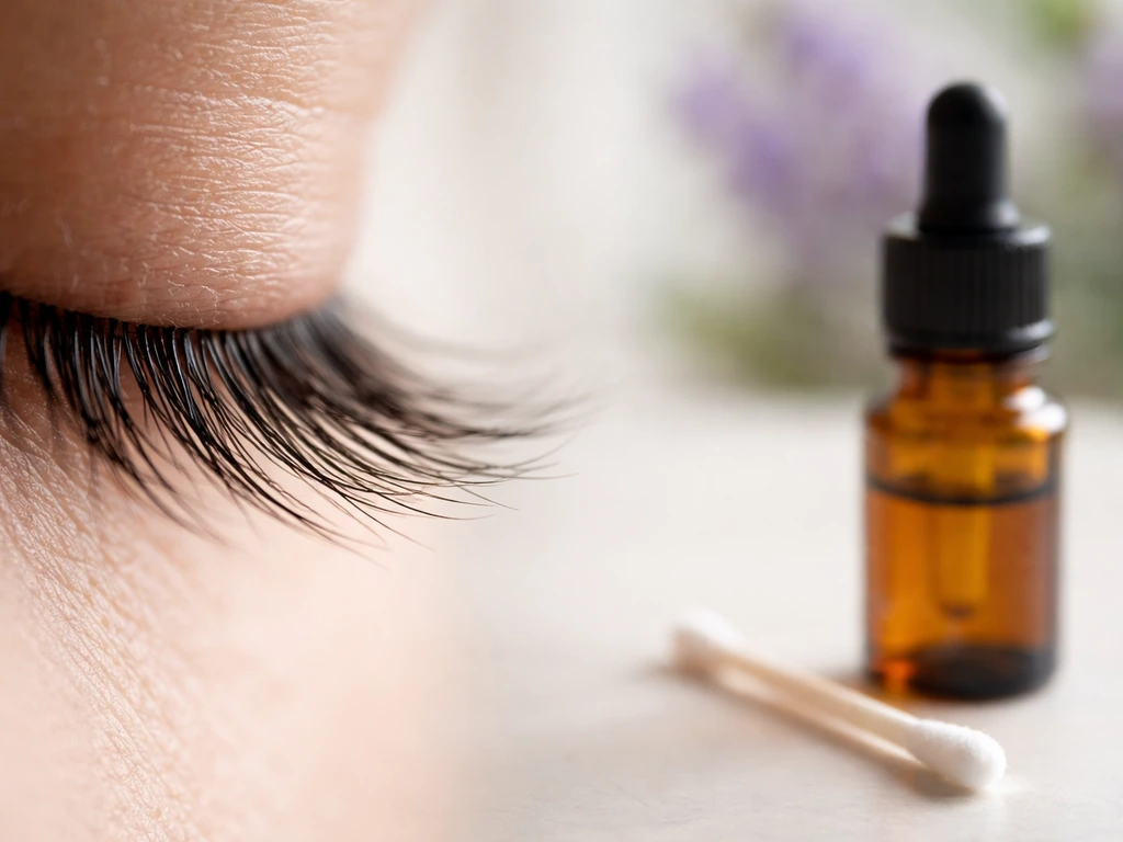 Close-up of natural lashes with a small lavender oil dropper bottle and cotton swab nearby