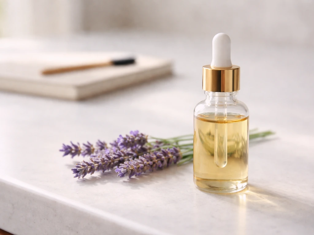 Lavender essential oil bottle with lavender sprigs on a counter in natural light, minimal photo.
