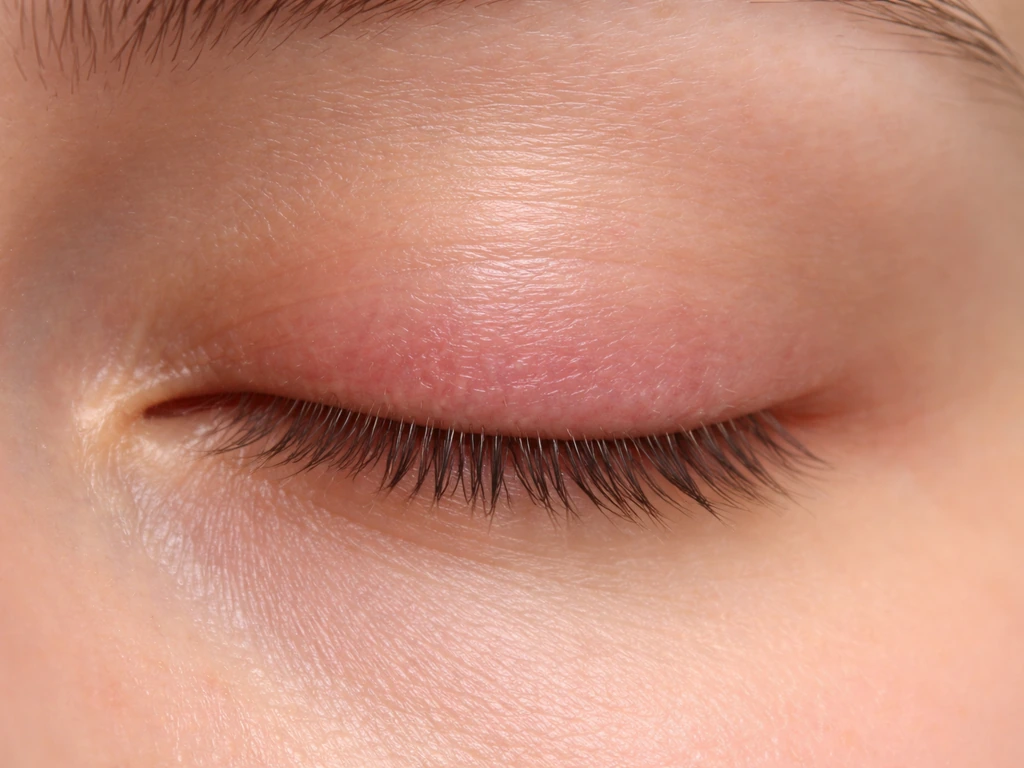Close-up of a gently lit eye area showing mild eyelid redness and irritation without graphic detail.