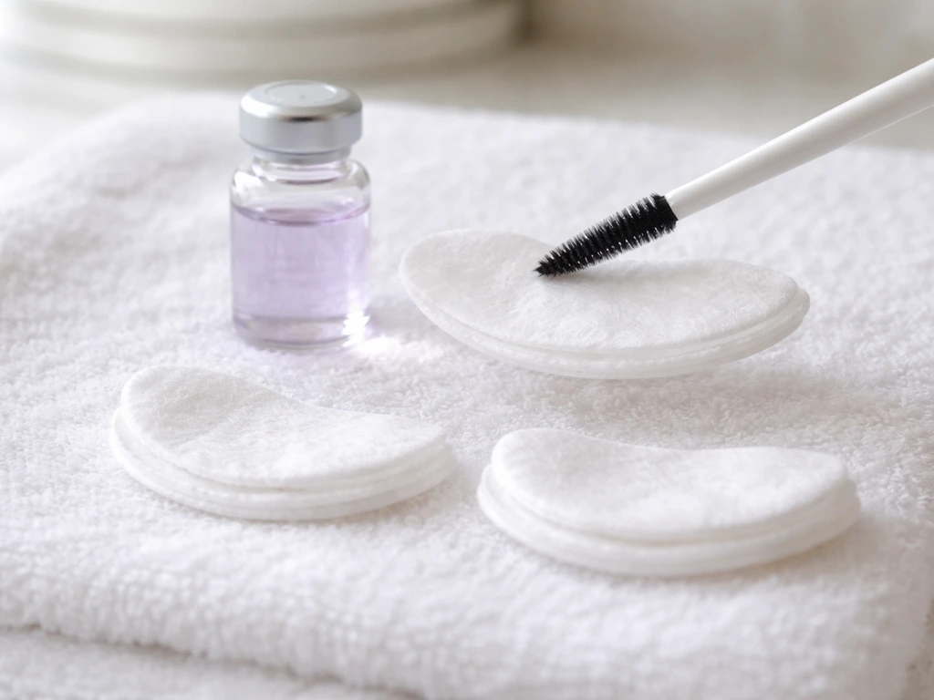 Close-up of a vial with diluted lavender oil and cotton pads showing safe lash application technique.
