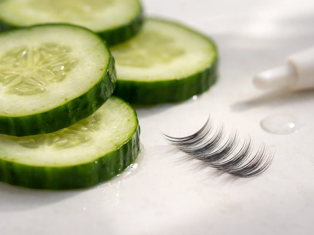 Macro view of cucumber slices near eyelashes with a subtle serum applicator signifying it’s not the whole solution.