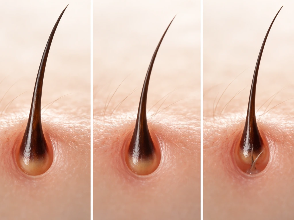 Macro view of an eyelash follicle showing growth, transition, resting, and shedding into restart.