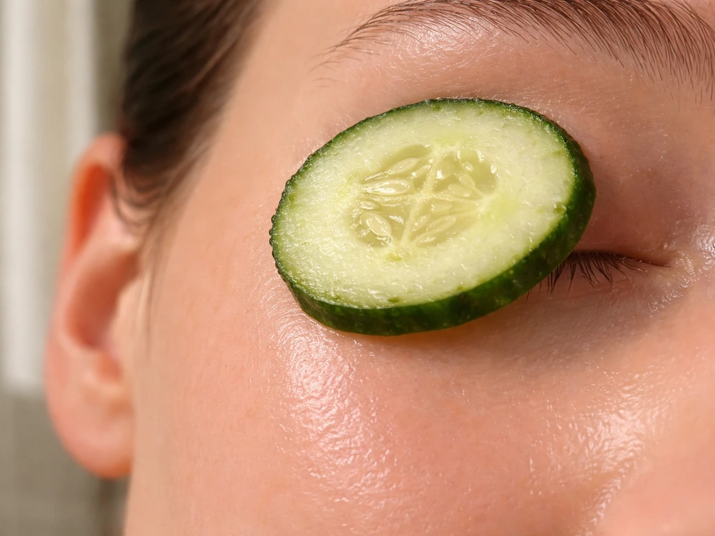 Close-up of a cucumber slice resting on a closed eyelid/under-eye, with a blurred neutral background.