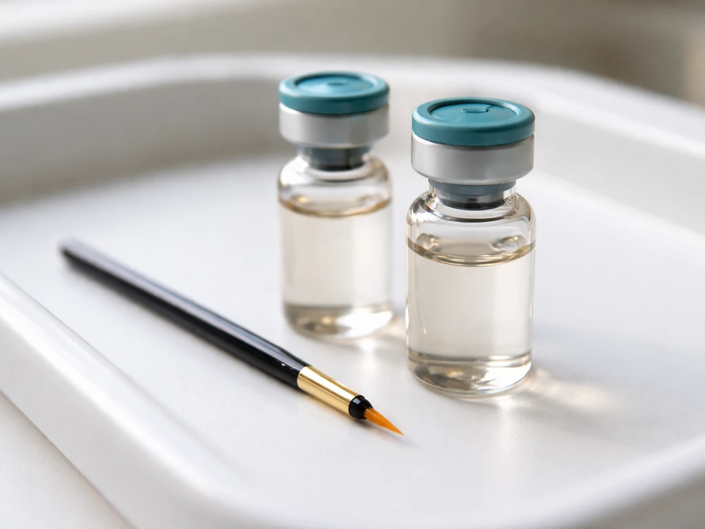 Clinical-style close-up of a bimatoprost 0.03% eyelash treatment dropper and sleek prescription vial