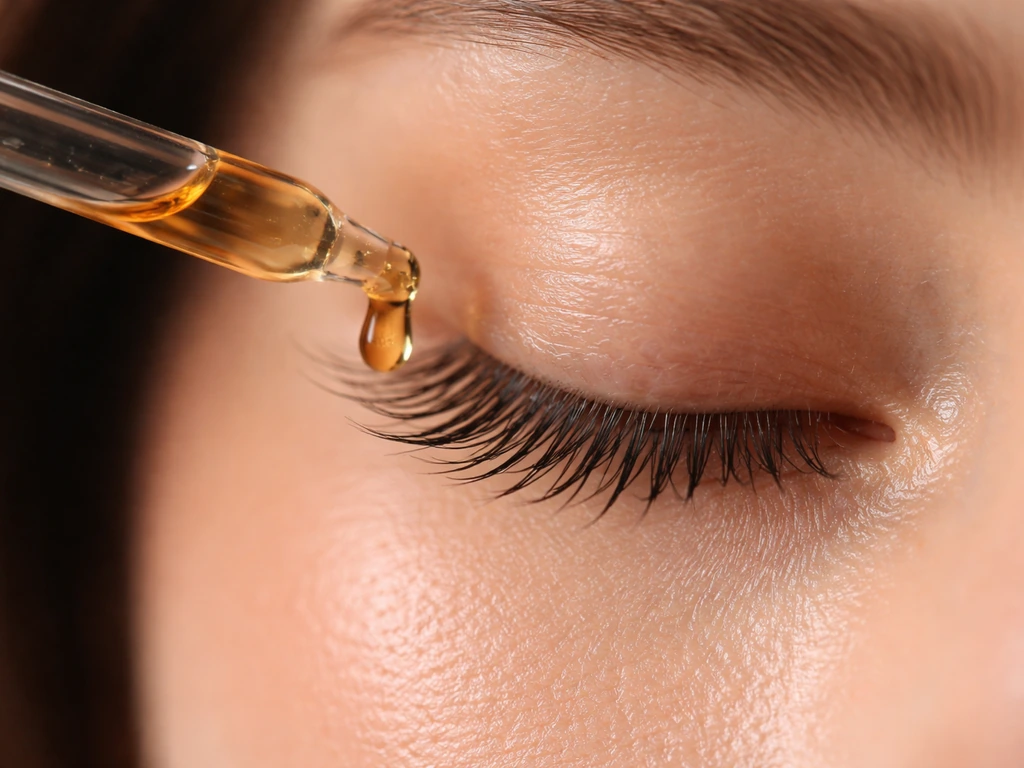 Close-up of natural eyelashes with a dropper holding a rosehip oil drop near the lash line.