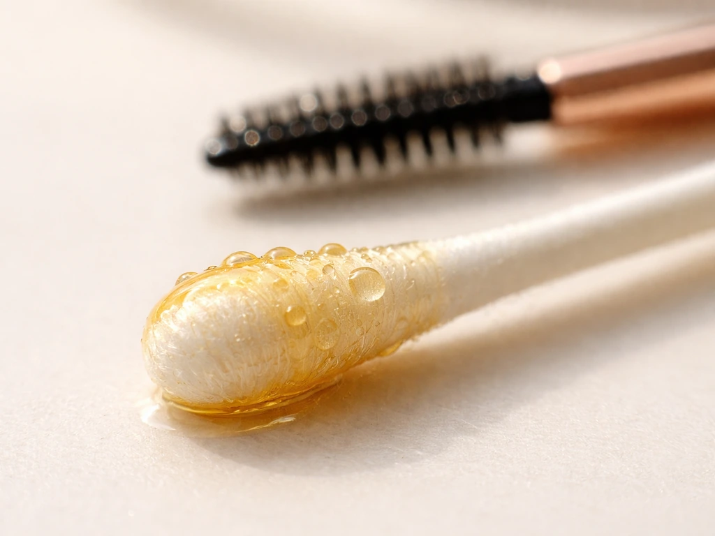 Macro view of rosehip oil on a cotton swab showing glossy oil texture, minimal background.