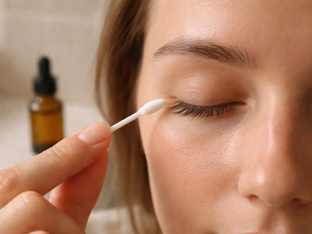 Anonymous person gently applying rosehip oil to upper lash line with a cotton swab, eye closed.