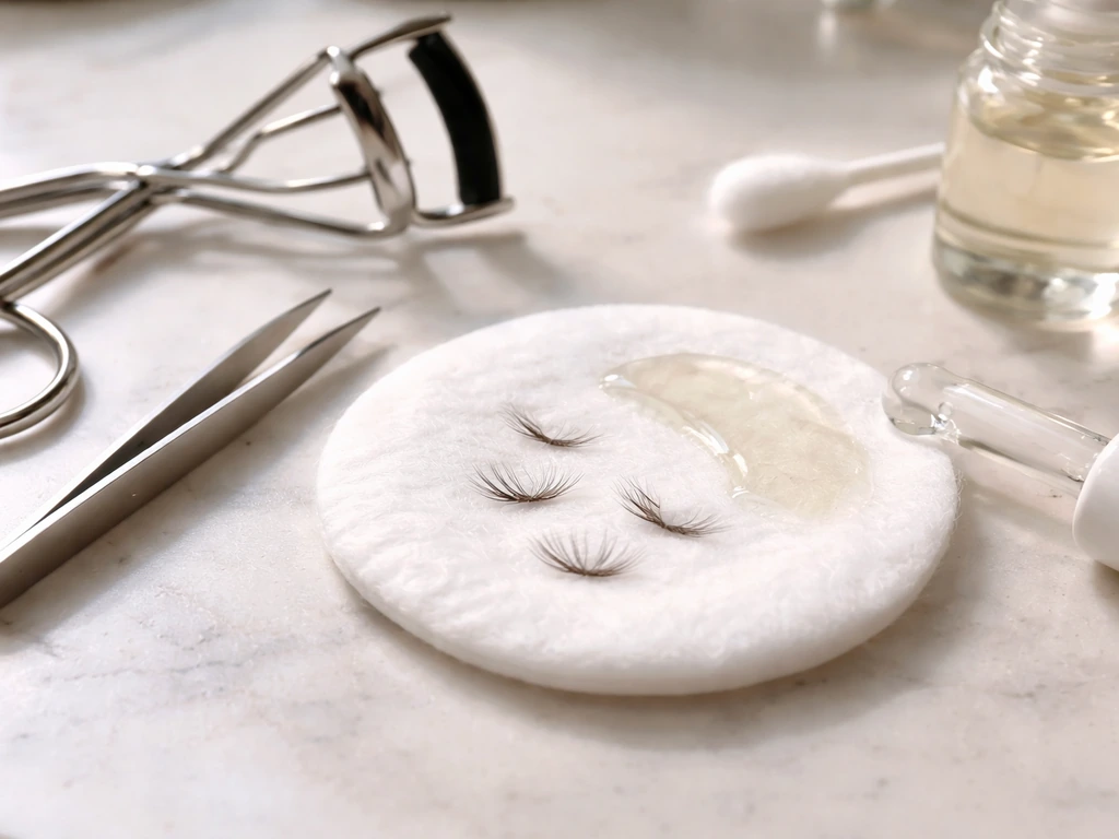 Eyelash curler, tweezers, a few lashes, and gentle skincare items on a clean vanity surface.