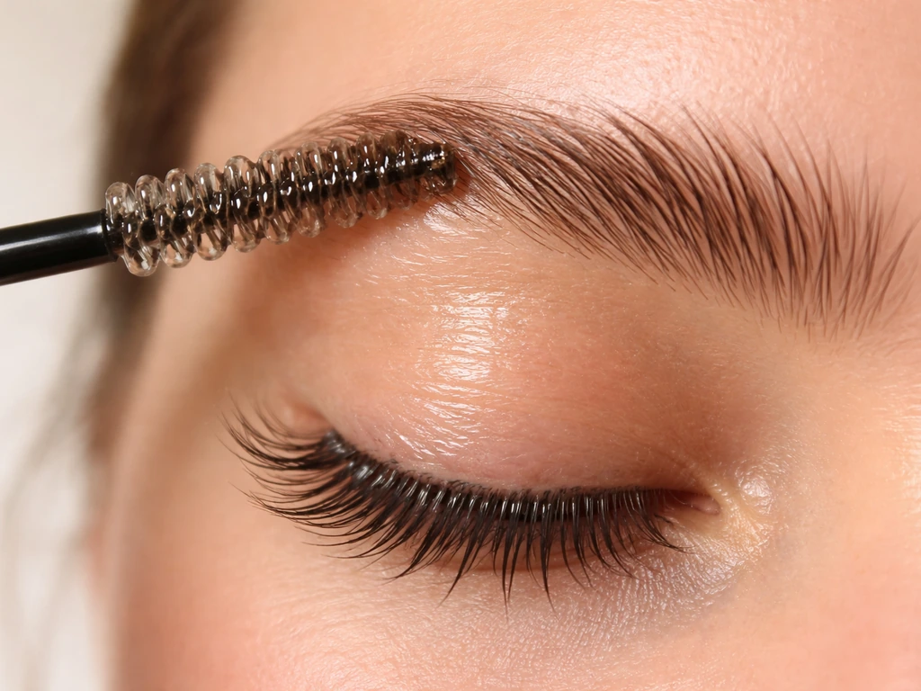 Close-up of a grooming brush applying clear/brown lash and brow gel with visible gel on lashes.