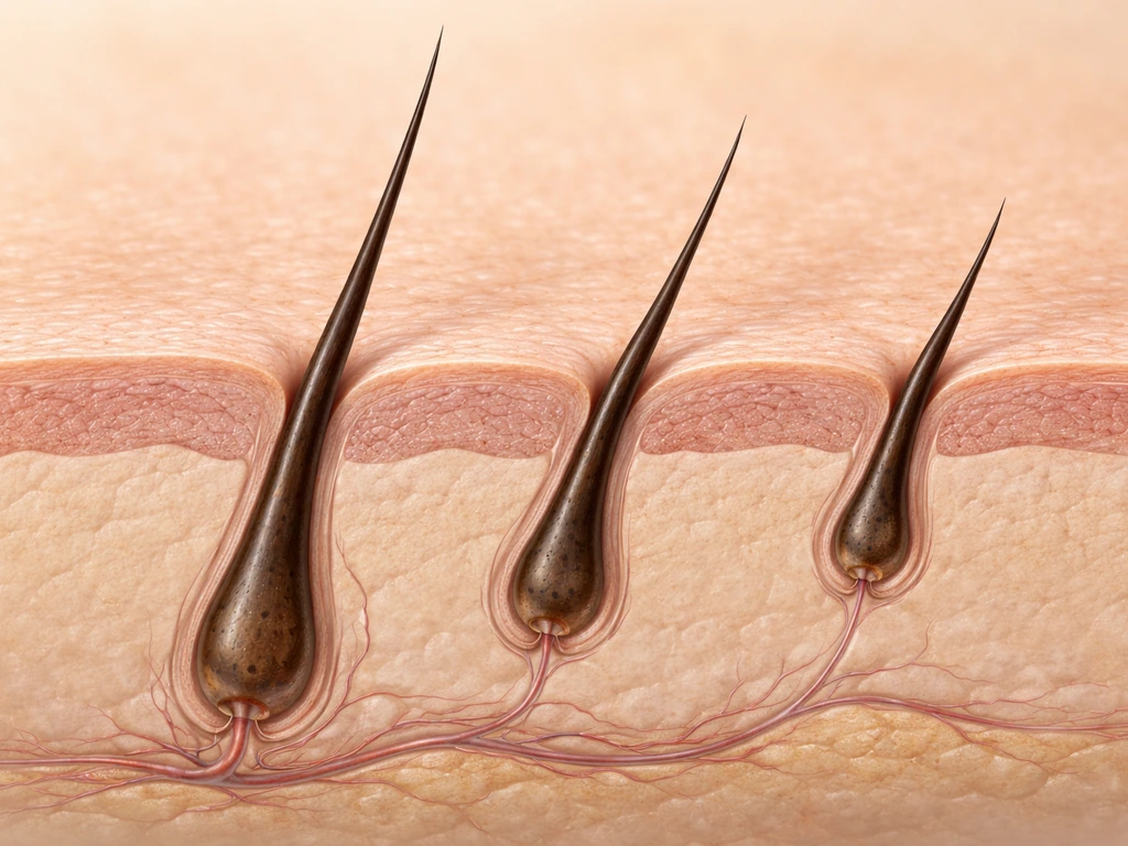 Macro photo-like view of an eyelash follicle cycling through anagen, catagen, and telogen phases.