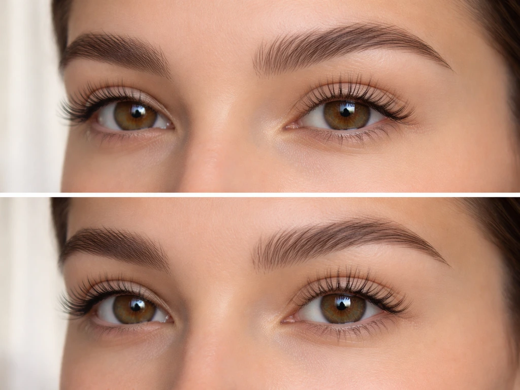 Minimal lash and brow close-up showing an immediate defined look transitioning to a fuller, softer appearance over time.