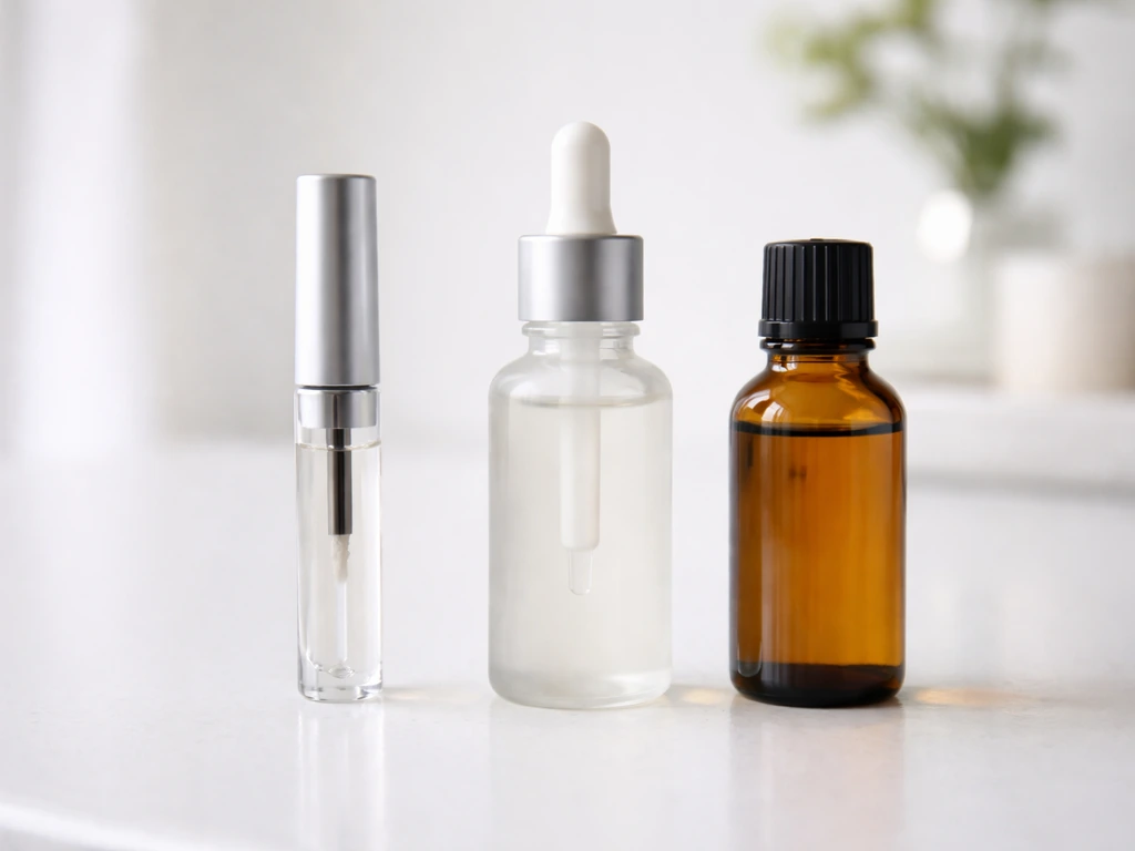 Three unlabeled lash/brow growth products—conditioner, peptide serum, and castor oil—on a clean vanity.