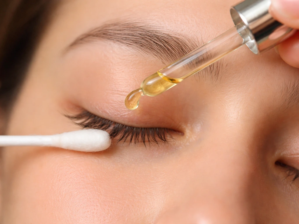 Close-up of upper eyelashes with a dropper dispensing canola oil onto a cotton swab by the lash line.
