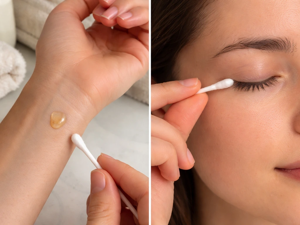 Person applying a tiny amount of canola oil with a cotton swab along the lash line safely