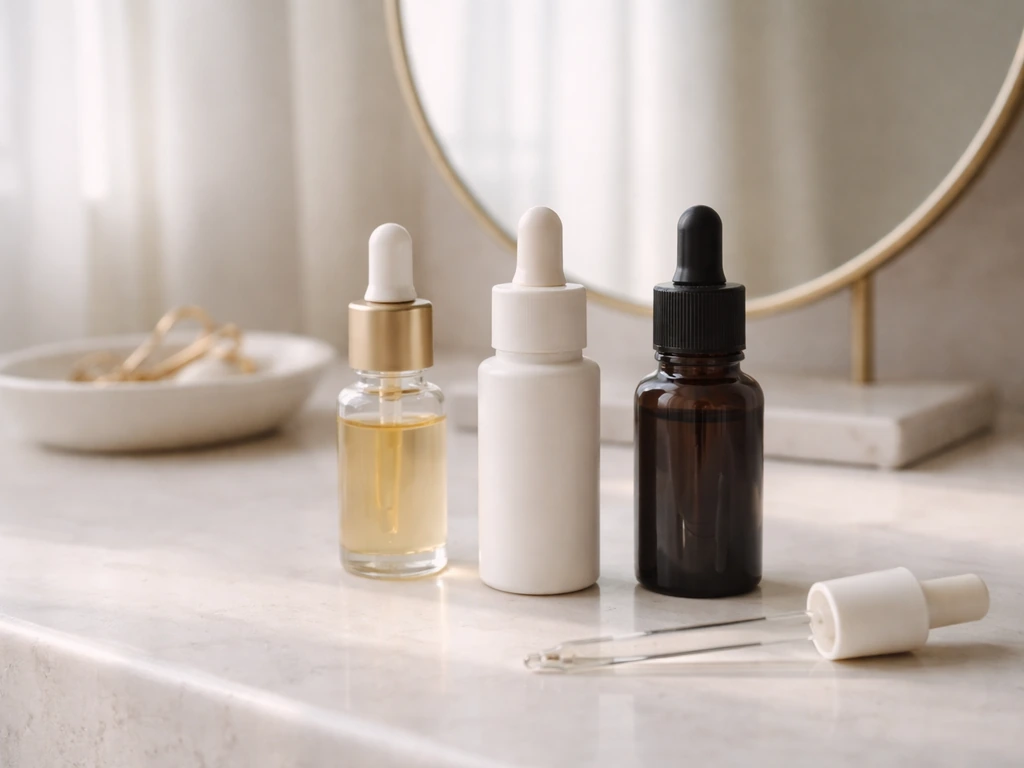 Three unlabeled lash product bottles on a simple vanity, suggesting conditioning vs density options.