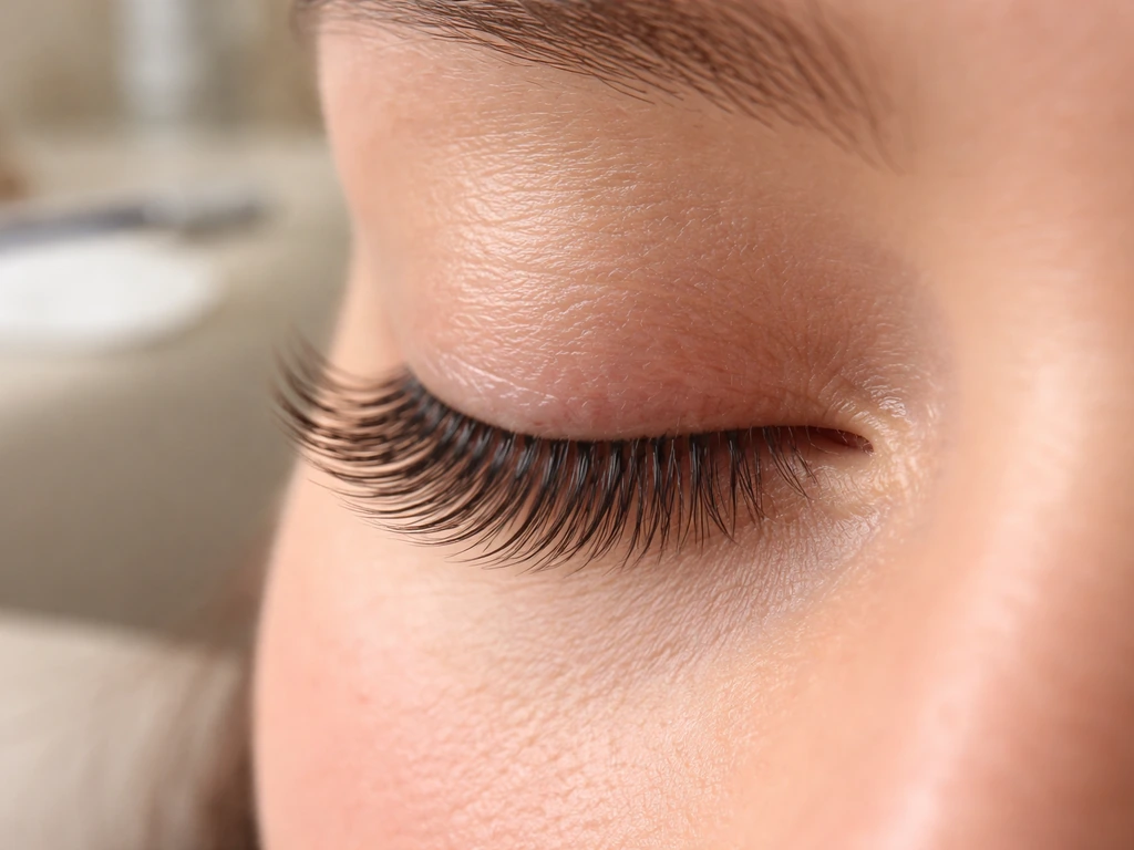 Close-up of an eyelash extension application setup with lashes and attachment points in soft natural light.