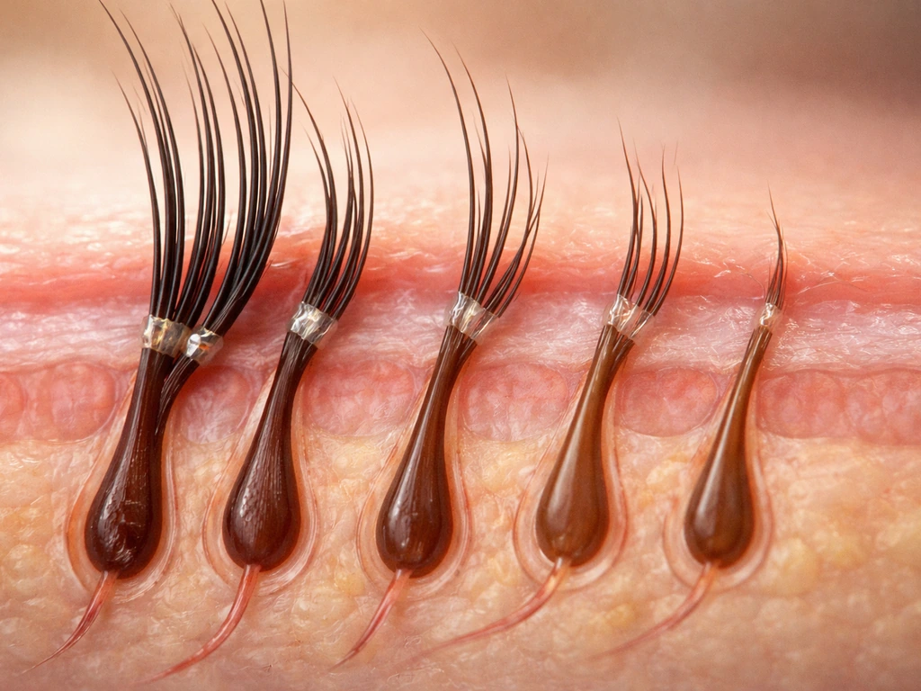 Close-up, realistic eyelash hair follicles and lash shaft showing anagen, catagen, and telogen with extensions near the