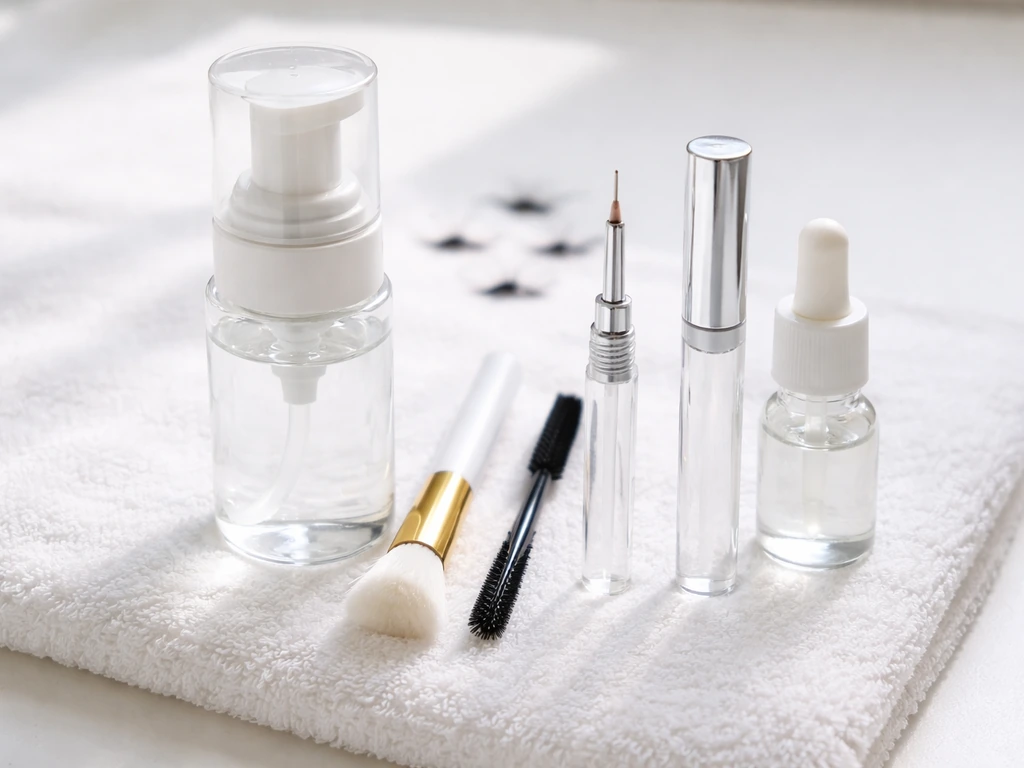 Minimal aftercare setup showing oil-free cleanser, lash-safe wand, and lash serum applicator beside extensions.