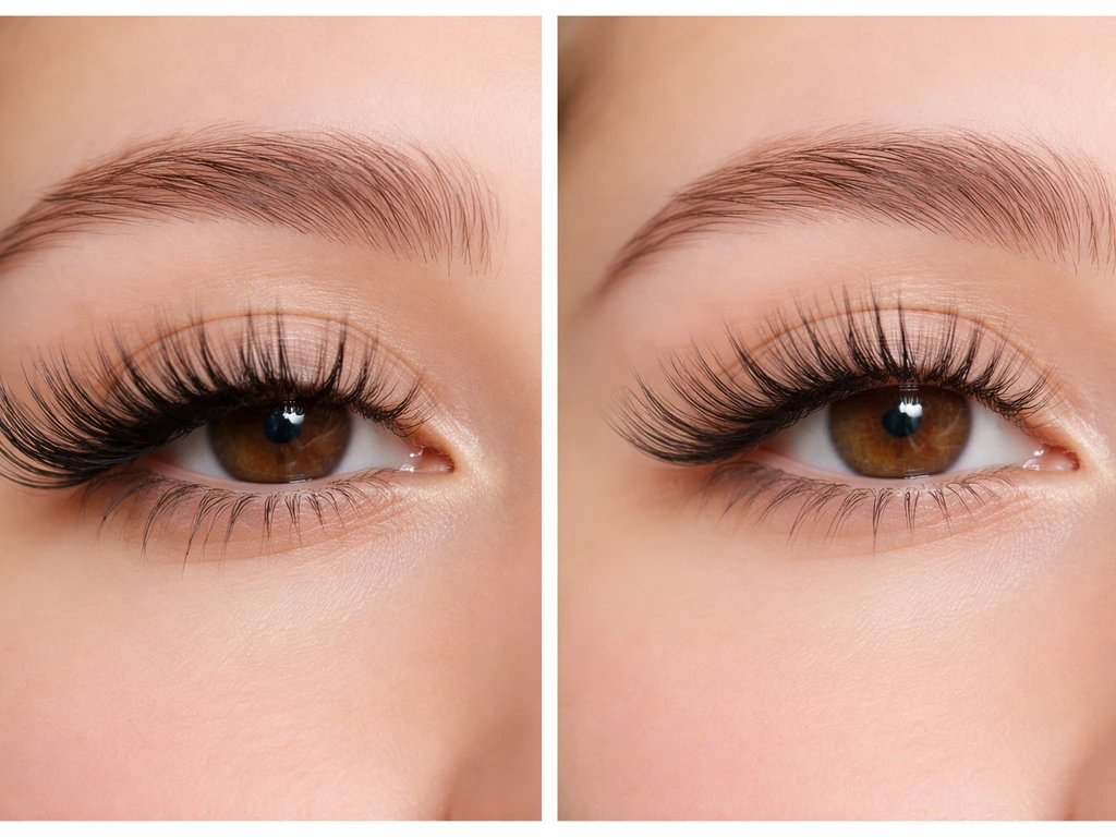 Before-and-after split: heavy clumped lashes droop on the left, lighter natural-looking lashes on the right.