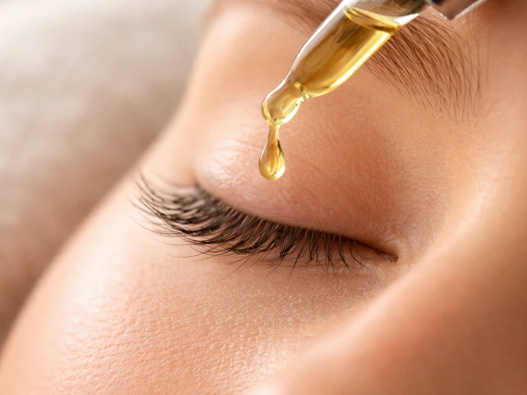 Close-up of lashes as a dropper dispenses maracuja oil onto a lash line
