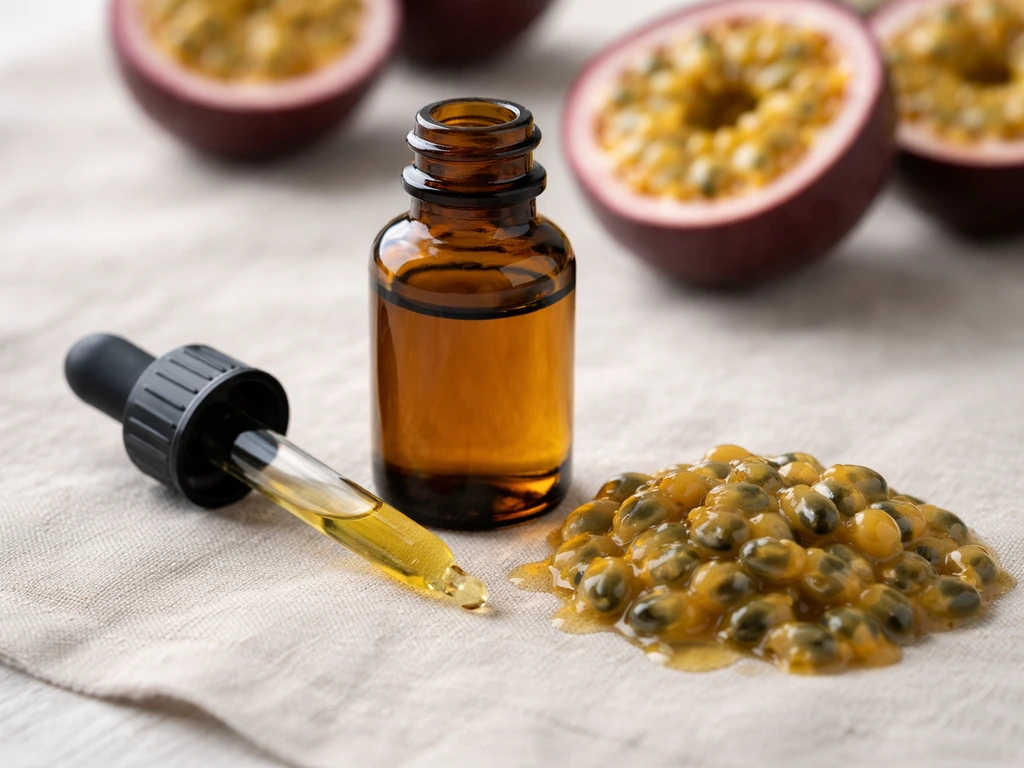 Small glass bottle with dropper of passion fruit seed oil beside passion fruit seeds on linen.