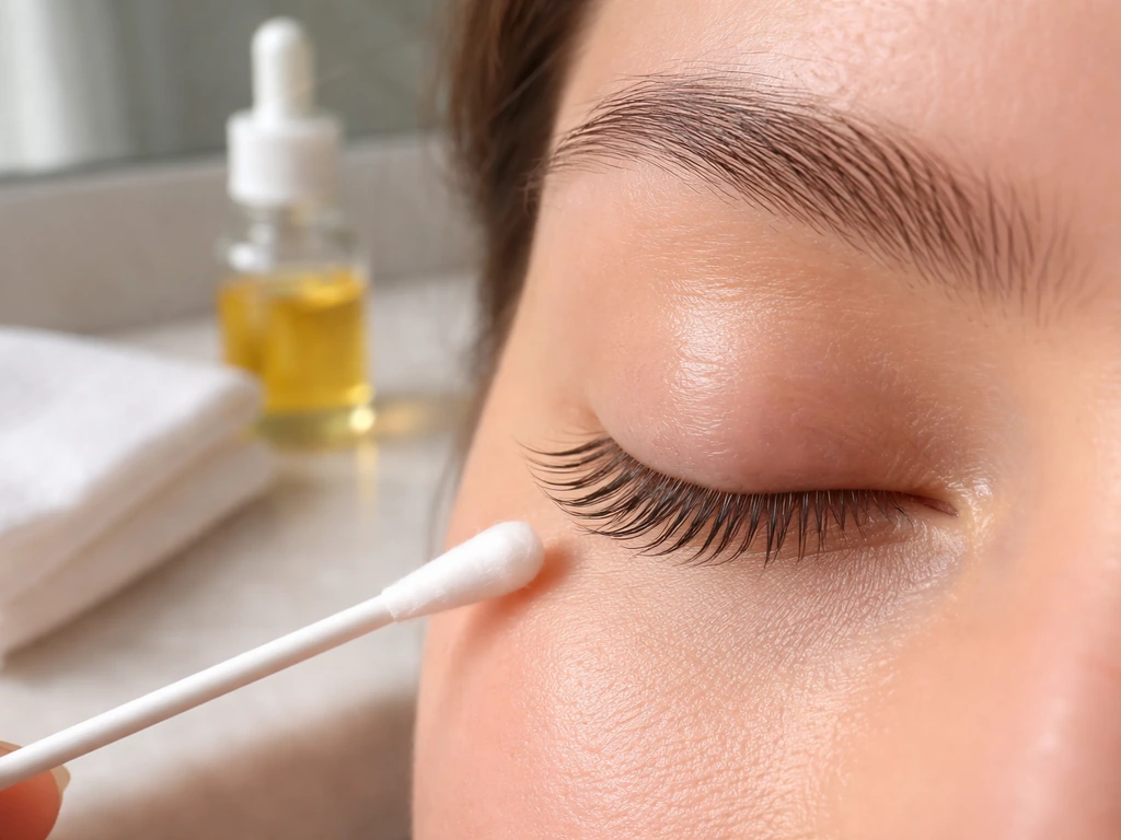 Clean eyelid prep with a disposable swab and small oil dropper ready for lash application.